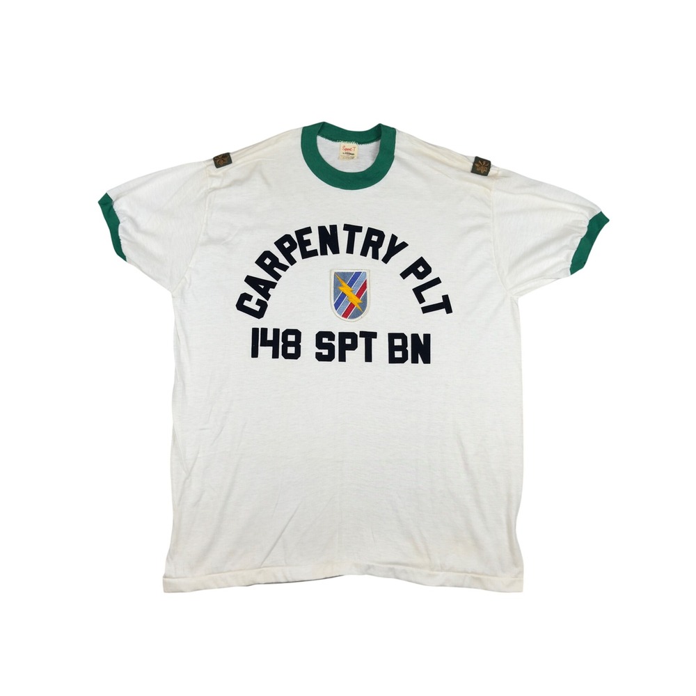 Vtg 70s US Army Ringer Tee XL (fits L) Carpentry Platoon 148 Support Battalion